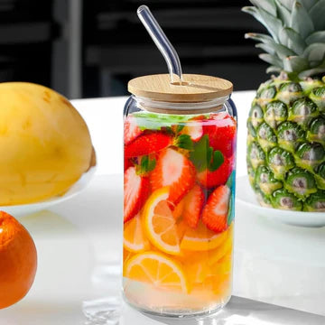 Glass Tumbler with Bamboo Lids and Glass Straw